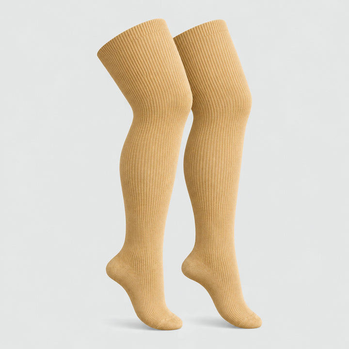 Plus size thigh high socks in latte brown and cream tones