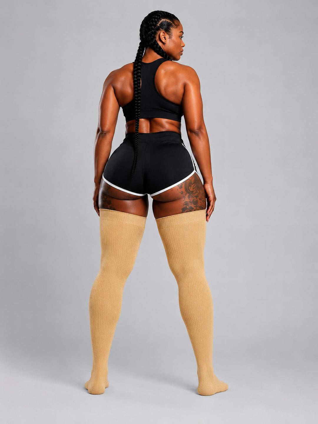 Plus size thigh high socks in latte brown and cream tones
