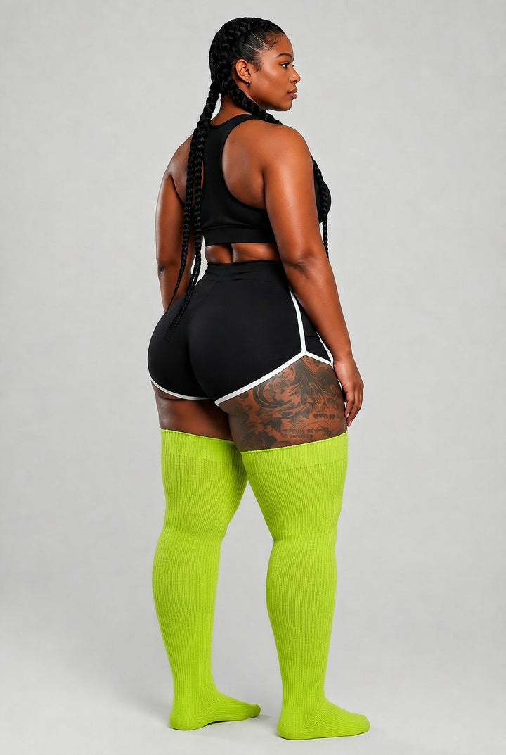 Plus size thigh high socks in bright lime green