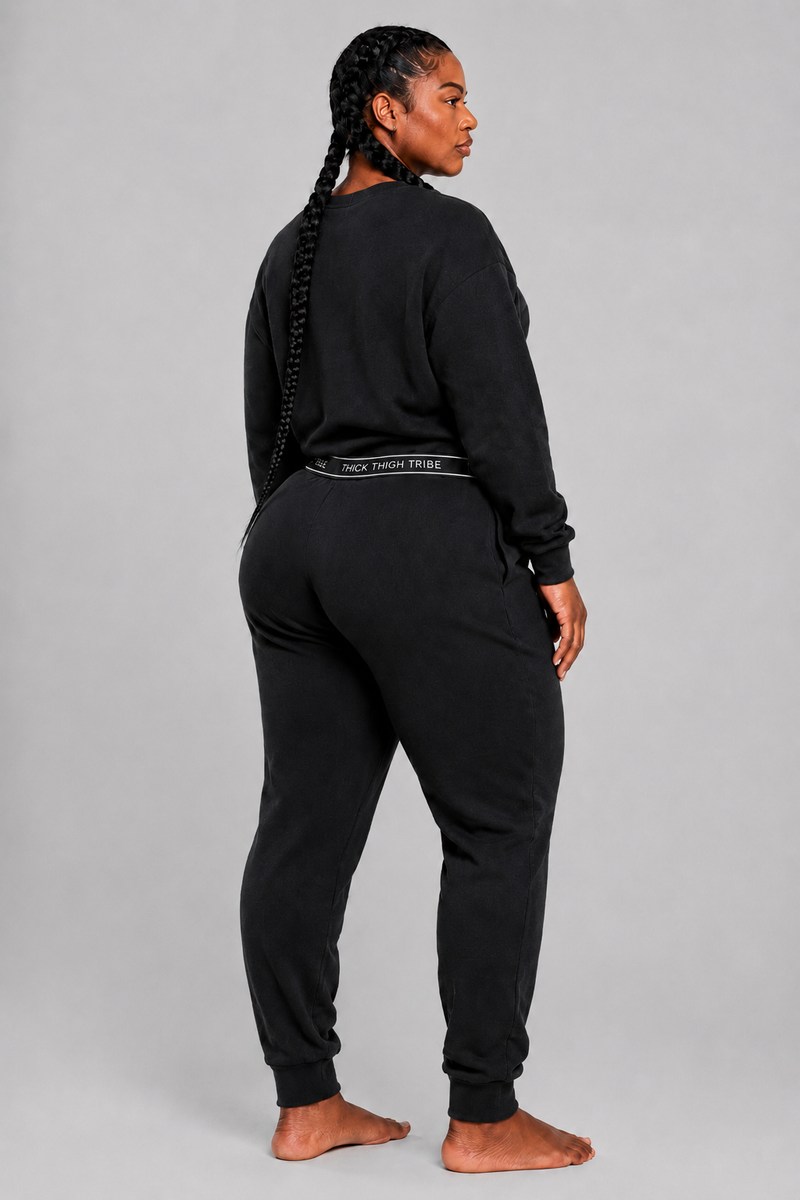 Soft Life Set on a Thick Thigh Tribe model, back view