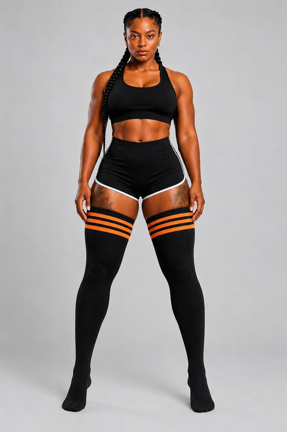 Plus size thigh high socks in black and orange pumpkin stripes