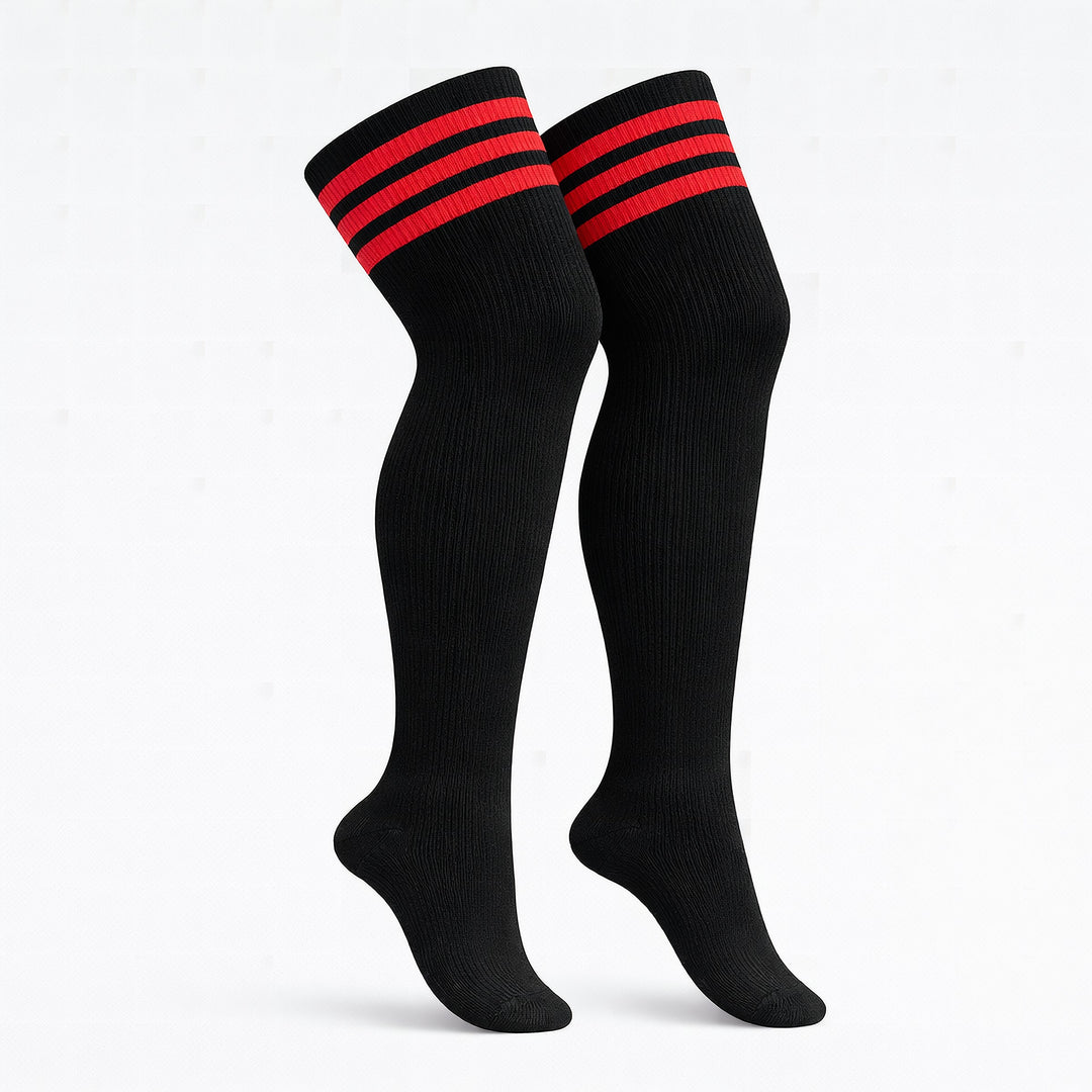 Plus size thigh high socks in black and dark striped pattern