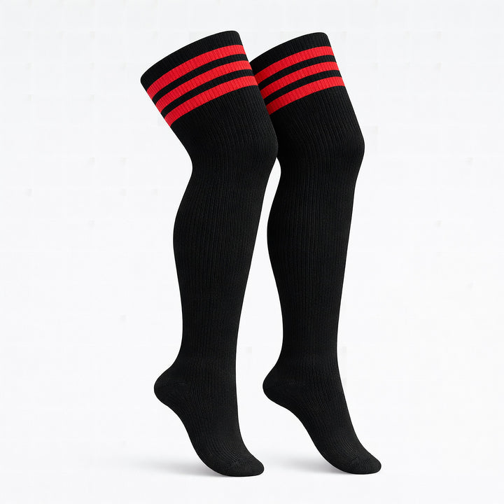 Plus size thigh high socks in black and dark striped pattern