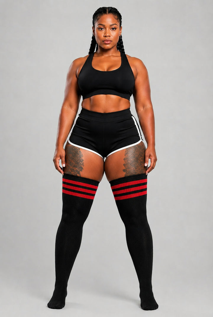Plus size thigh high socks in black and dark striped pattern