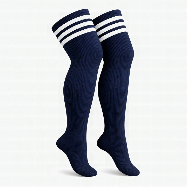 Navy blue nautical striped plus size thigh high socks
