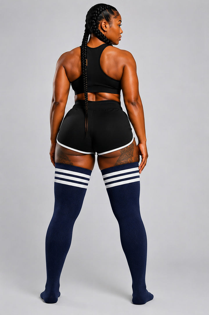 Navy blue nautical striped plus size thigh high socks