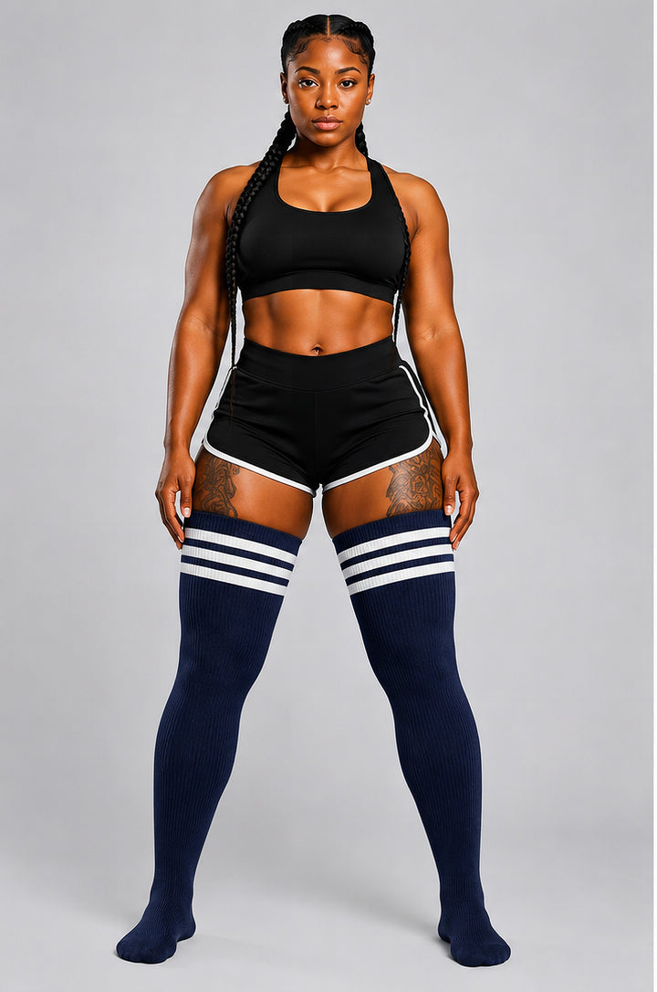 Navy blue nautical striped plus size thigh high socks