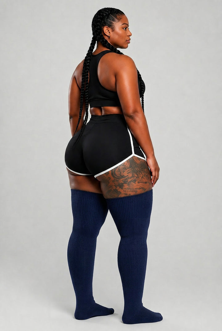 Plus size thigh high socks in solid navy blue