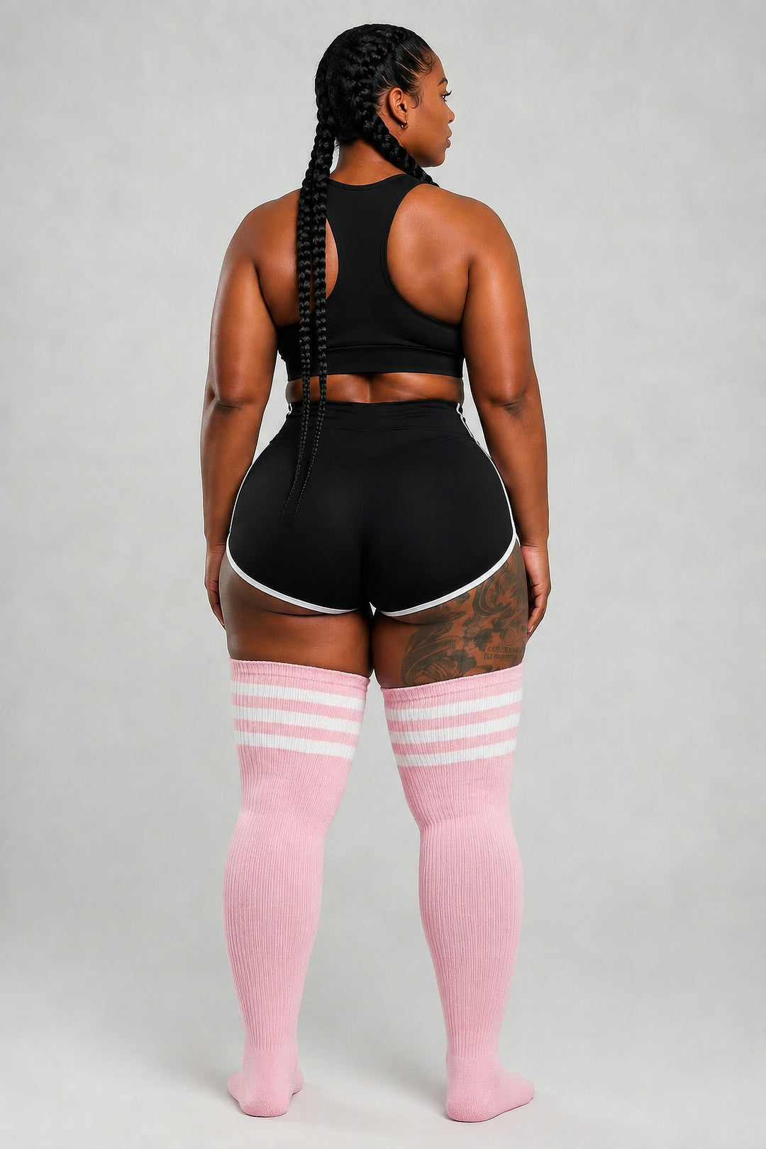 Pink and white striped plus size thigh high socks