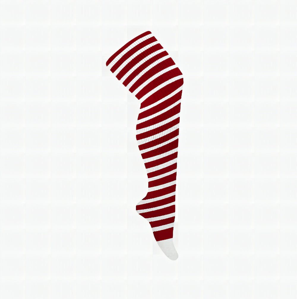 Thigh high socks with red and white peppermint candy cane stripe pattern