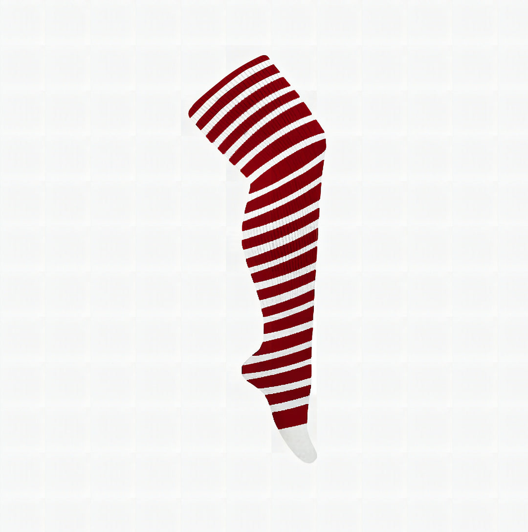 Thigh high socks with red and white peppermint candy cane stripe pattern