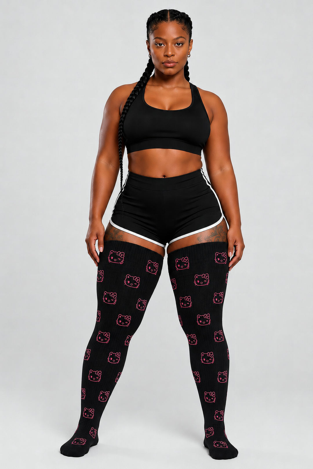 Phat Kitty plus-size thigh-high socks, front view