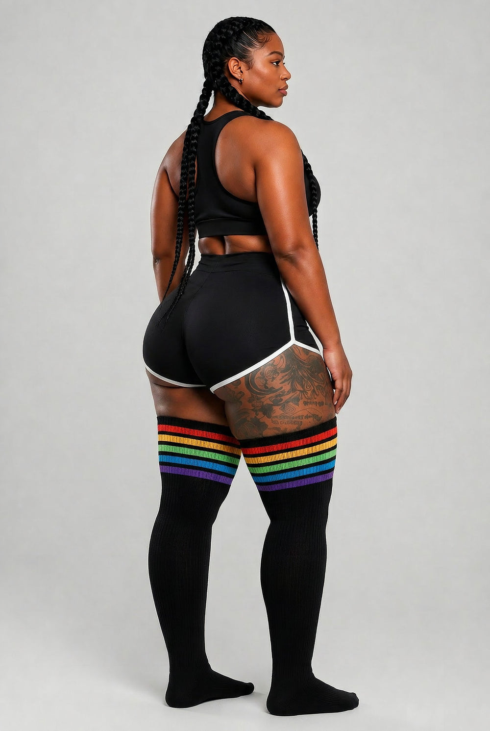 Thigh high plus size socks with multicolor horizontal rainbow stripes