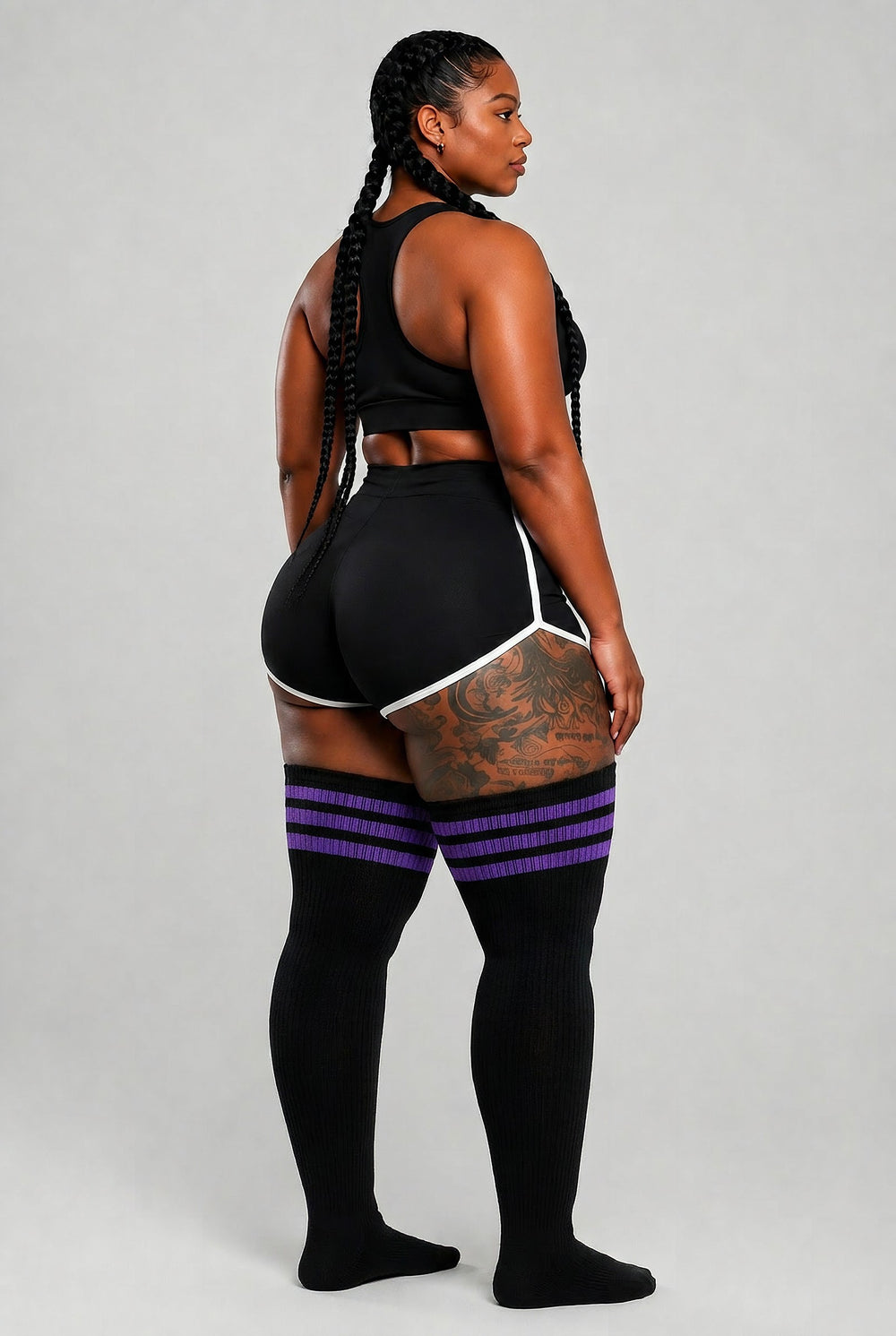 Navy blue and black striped thigh high plus size socks