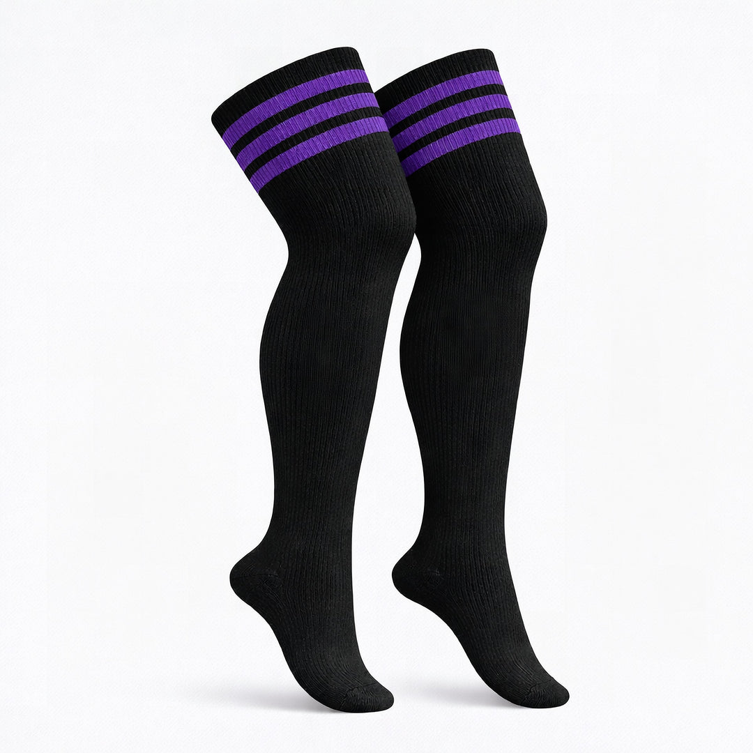 Plus size thigh high socks in royal blue and black stripes