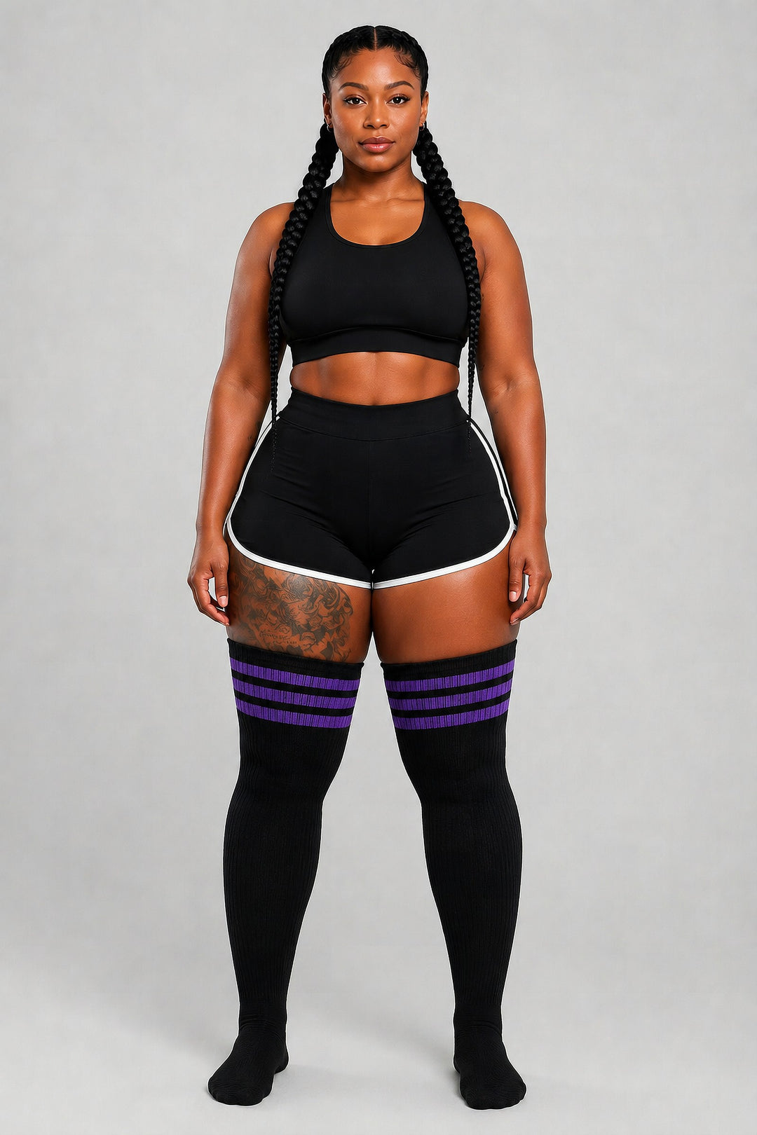 Plus size thigh high socks in royal blue and black stripes