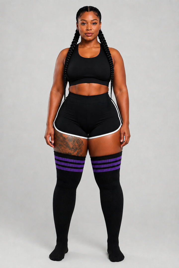 Plus size thigh high socks in royal blue and black stripes
