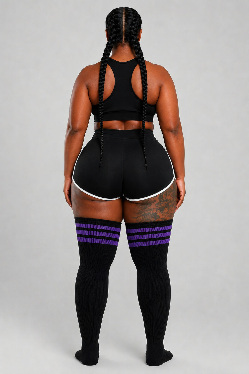 Plus size thigh high socks in royal blue and black stripes