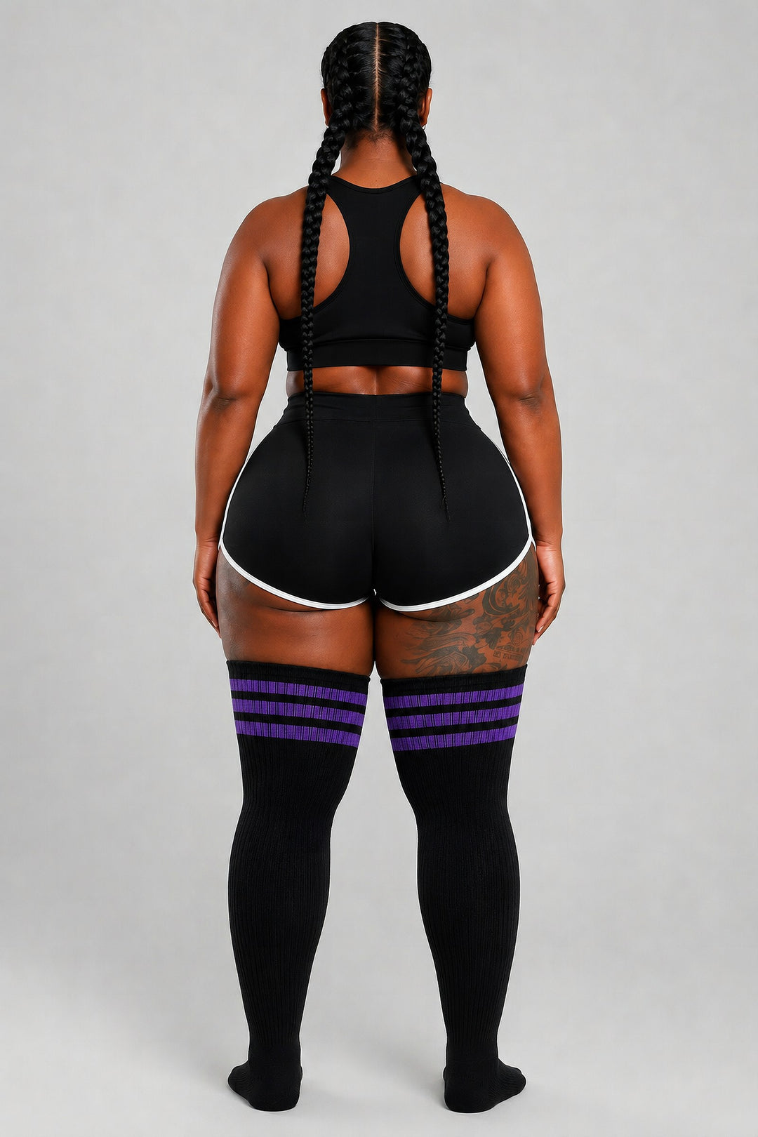 Plus size thigh high socks in royal blue and black stripes