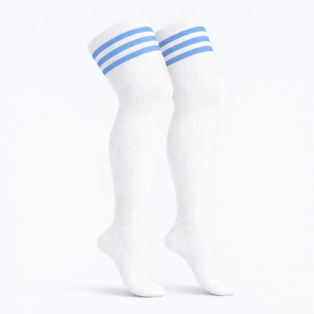 Blue and white striped plus size thigh high socks