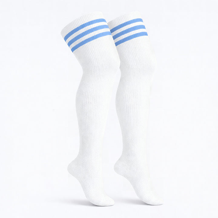 Blue and white striped plus size thigh high socks
