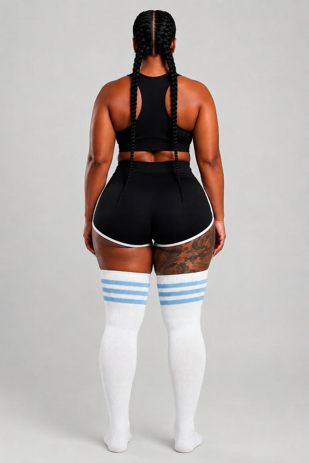 Blue and white striped plus size thigh high socks