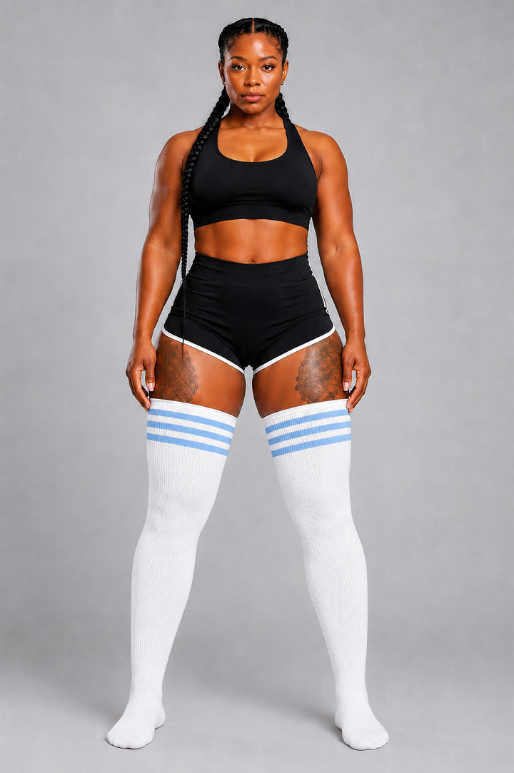 Blue and white striped plus size thigh high socks