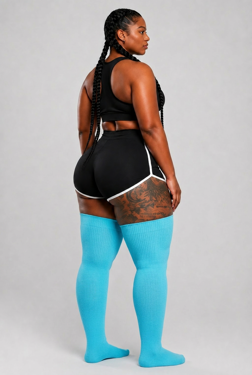 Plus size thigh high socks in bold electric blue