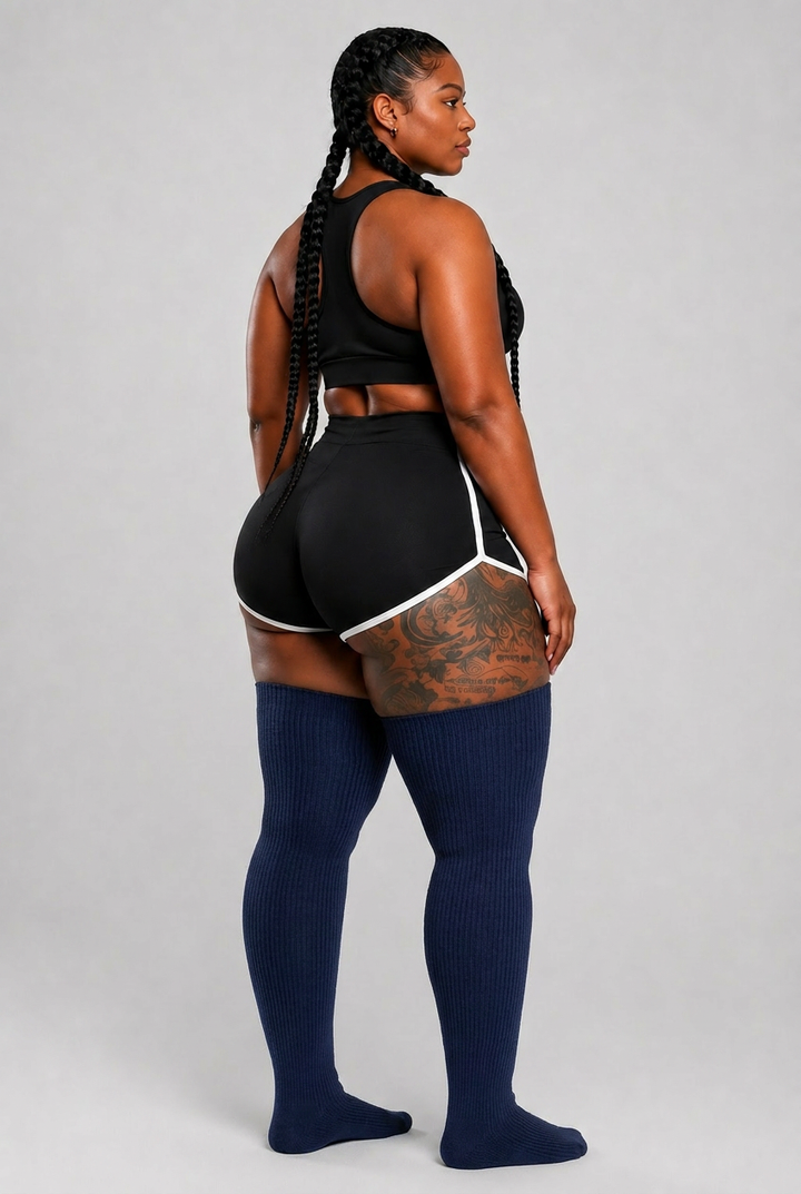 Plus size thigh high socks in solid navy blue
