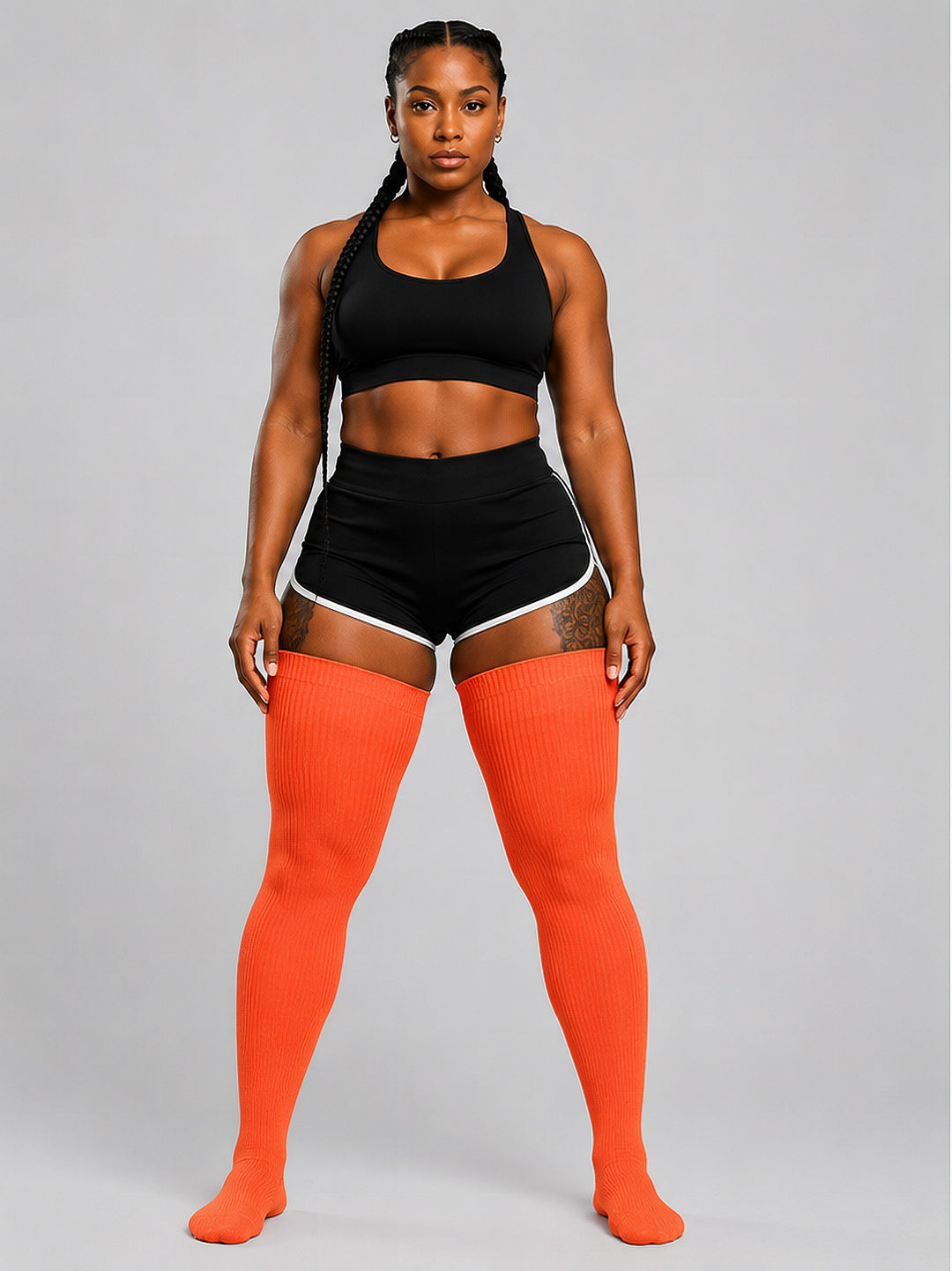 Plus size thigh high socks in warm sunset orange and pink tones