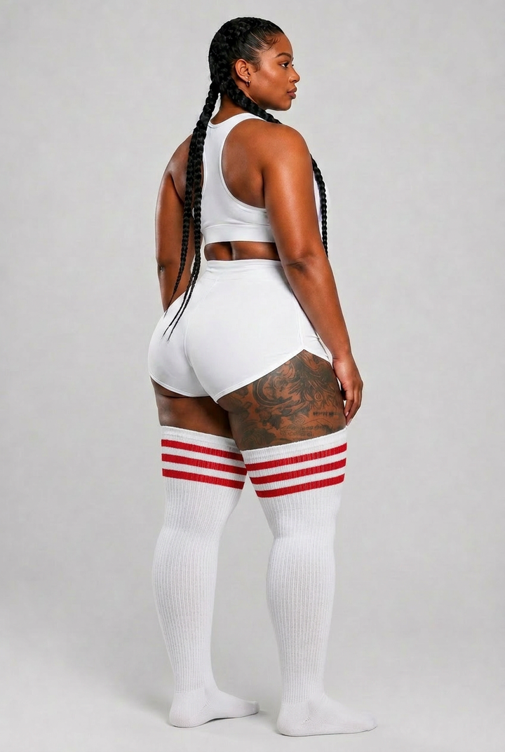 Red and white candy cane striped thigh high plus size socks