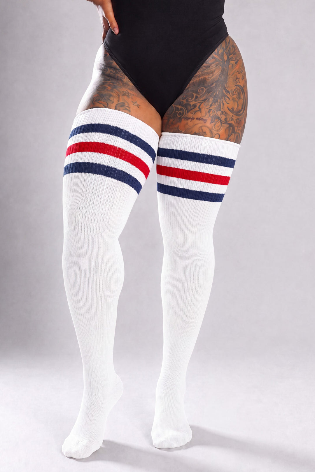 Red, white, and blue striped plus size thigh high socks