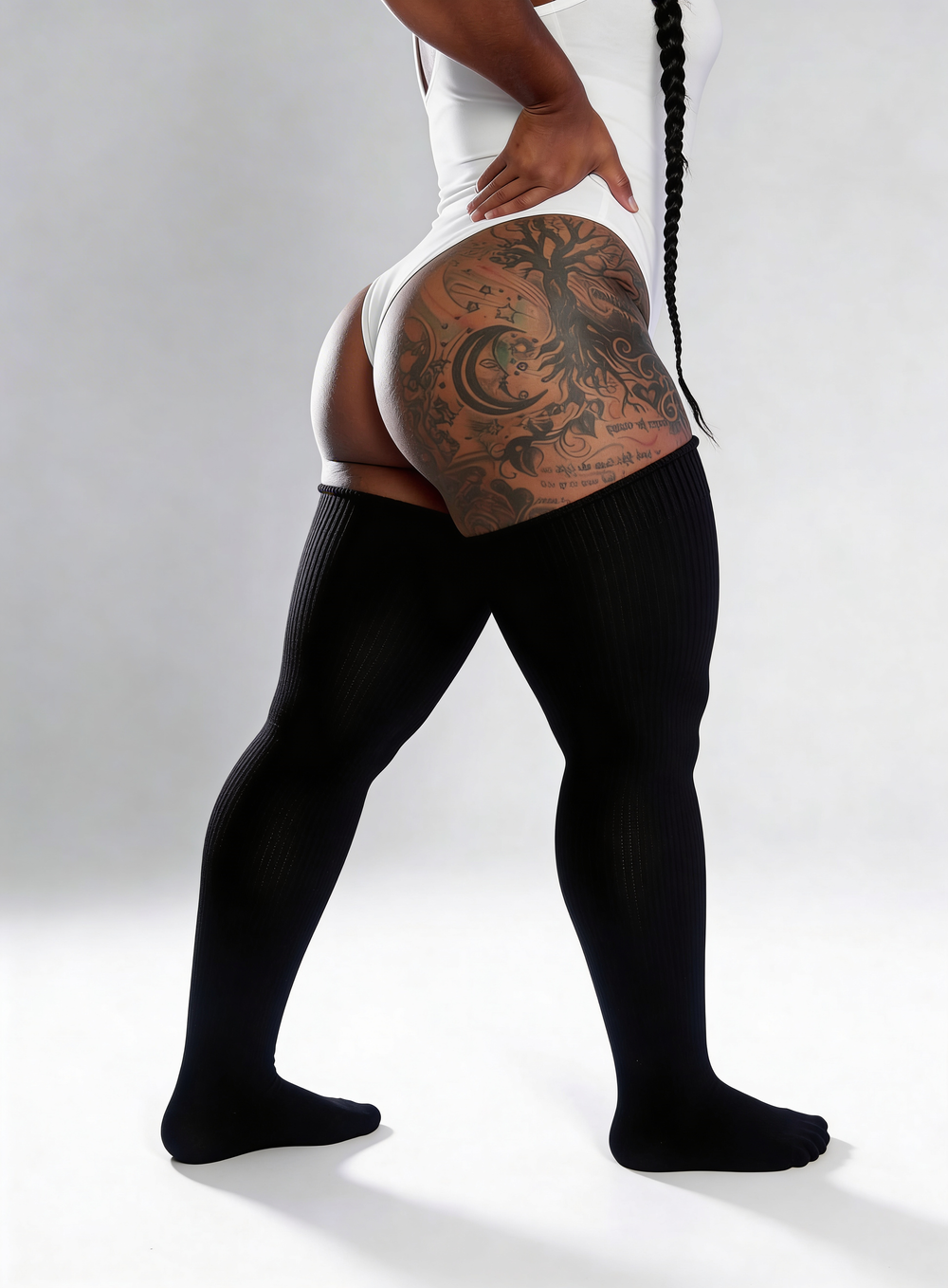 Plus size knitted thigh high socks, single sock shown