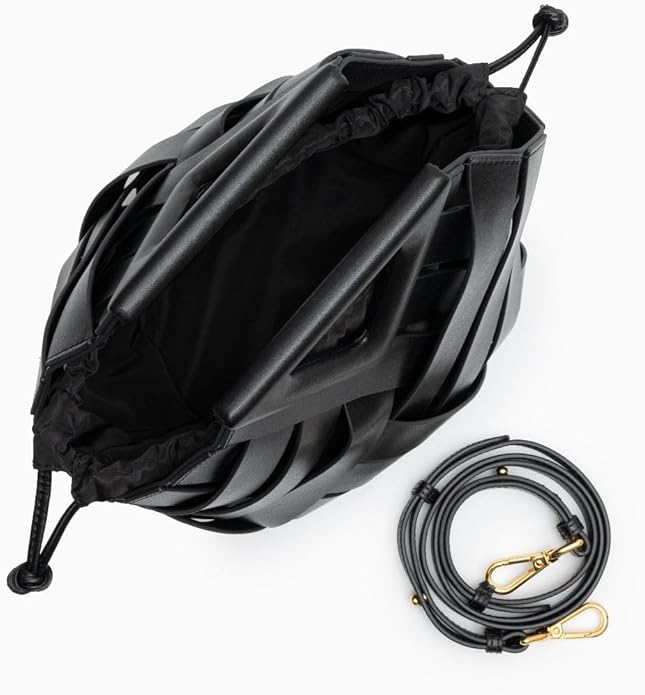 Onyx bag interior with drawstring closure and crossbody strap