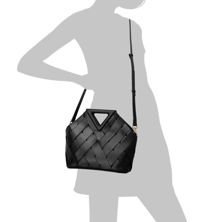 Woven Luxe Top Handle Bag in Onyx worn crossbody