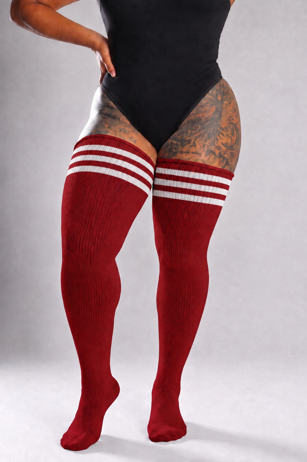 Crimson red thigh high socks for plus size, solid color, full length over-the-knee style