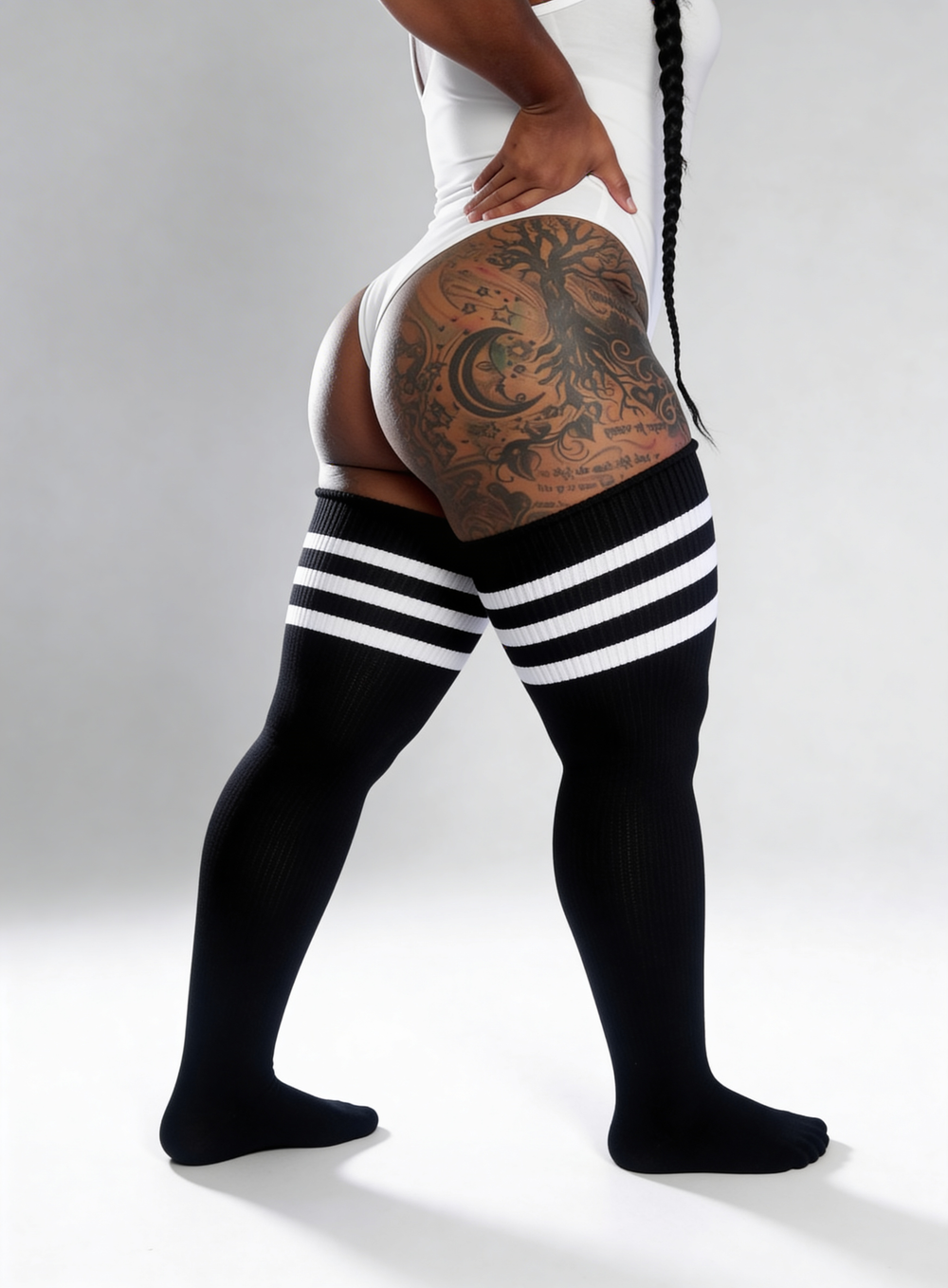 Plus size knitted thigh high socks, single sock shown