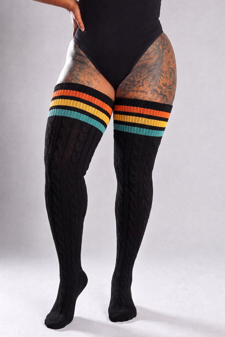 Plus size thigh high socks with heritage or cultural pattern design