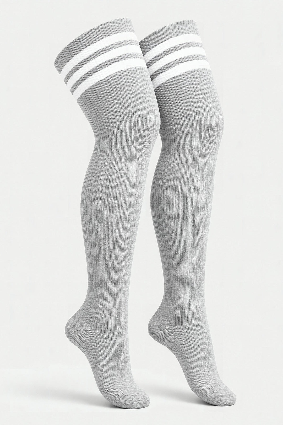 Silver and white striped plus size thigh high socks