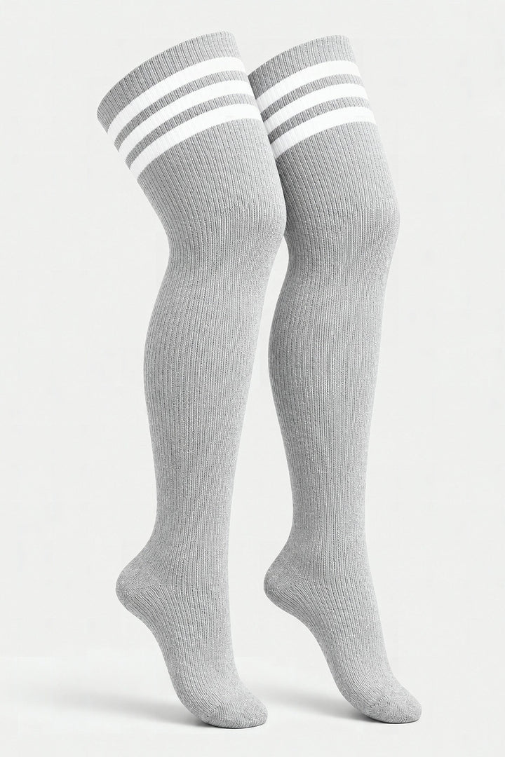 Silver and white striped plus size thigh high socks