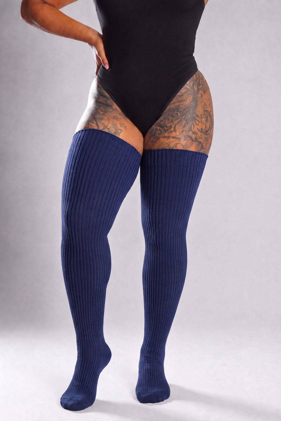 Solid navy blue plus size thigh high socks