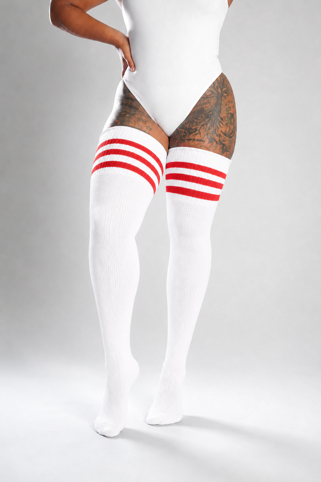 Red and white candy cane striped thigh high plus size socks