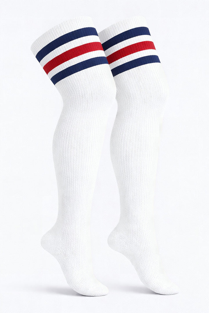 Red, white, and blue striped plus size thigh high socks