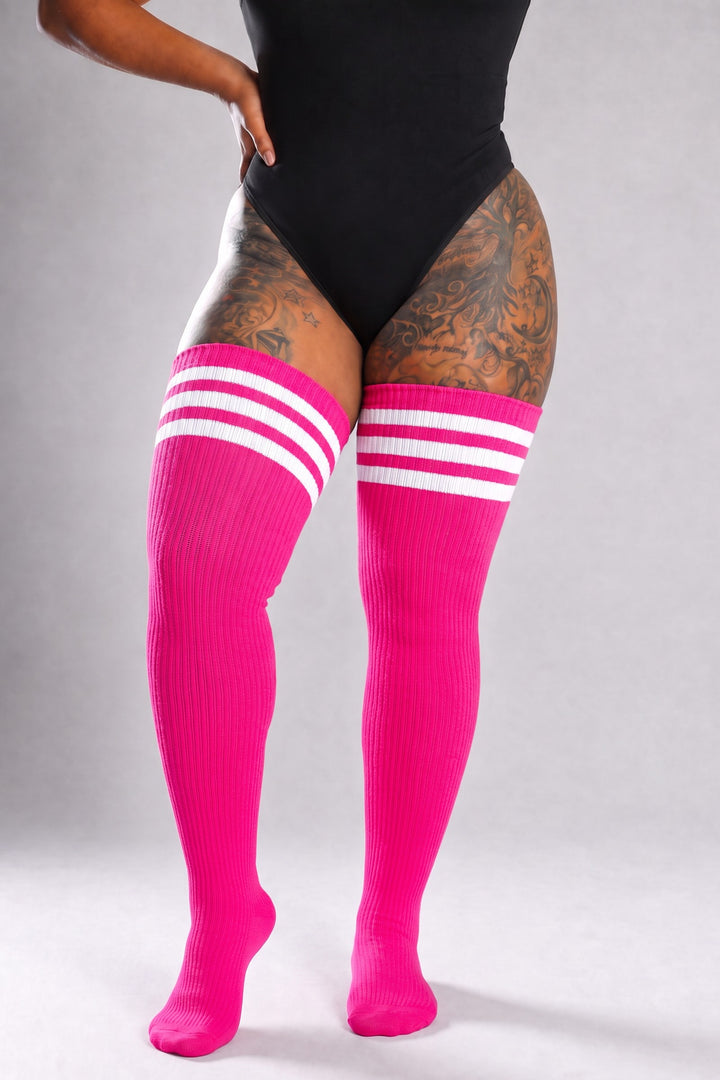 Plus size thigh high socks with fuchsia pink streaks or stripes