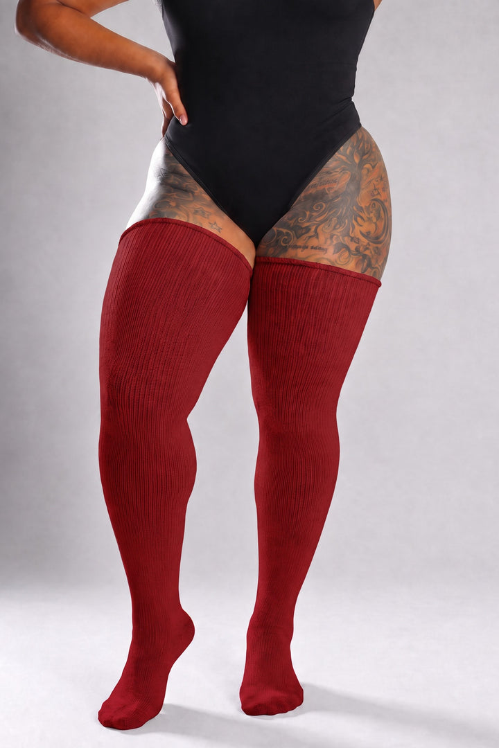 Solid crimson red plus size thigh high socks