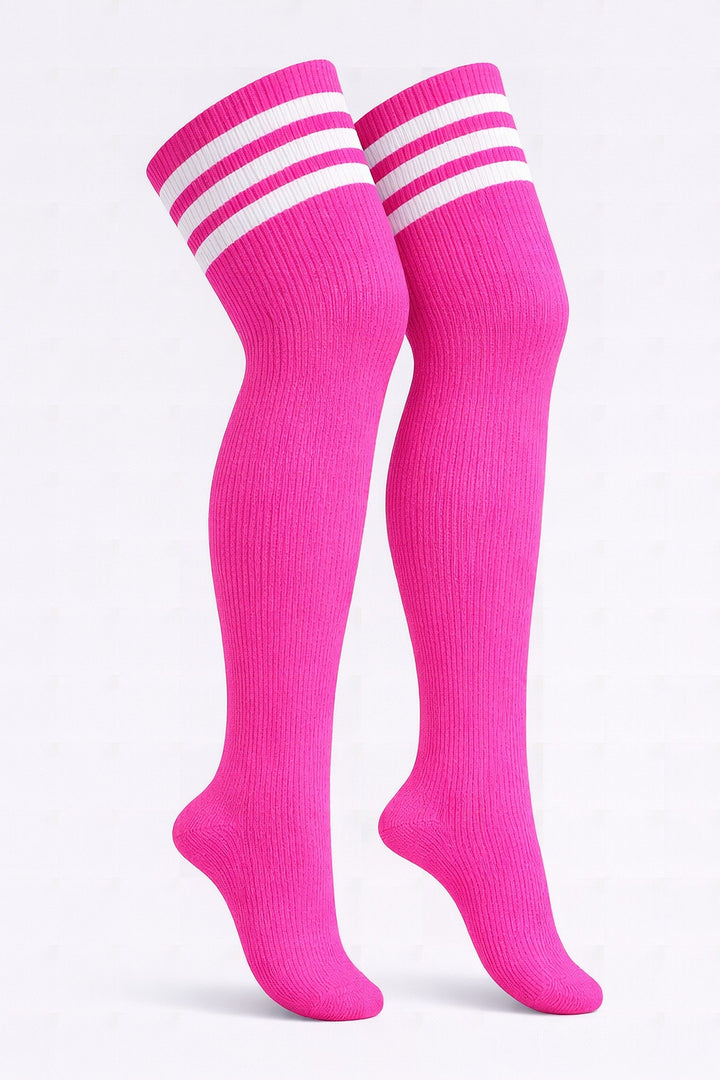 Plus size thigh high socks with fuchsia pink streaks or stripes