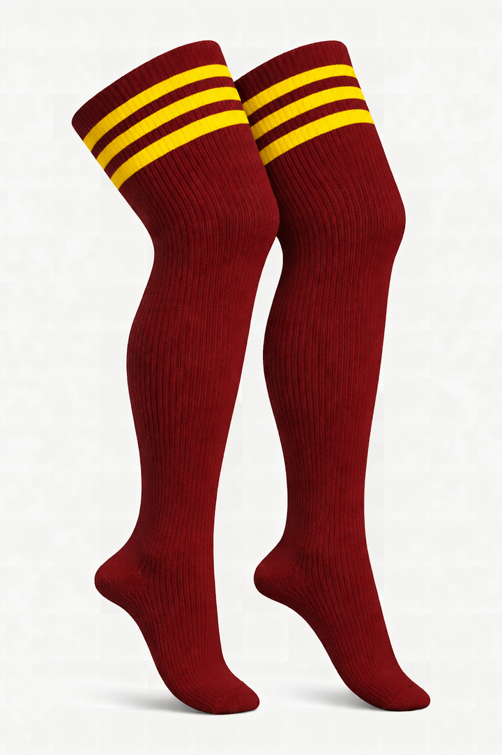 Thigh high plus size socks with bold lion-themed stripe pattern, over-the-knee length