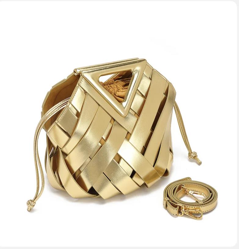 Gold Woven Luxe bag side view with strap attached