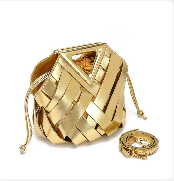 Gold Woven Luxe bag side view with strap attached