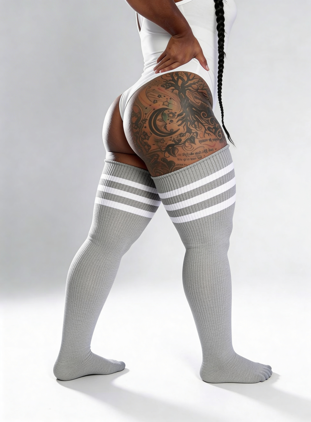Plus size thigh high socks in silver and white stripes